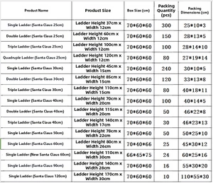 Detailed size chart for climbing Santa Claus on ladder including dimensions and packaging