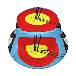 Double-sided bucket hat featuring a vintage target pattern and colorful pop art design