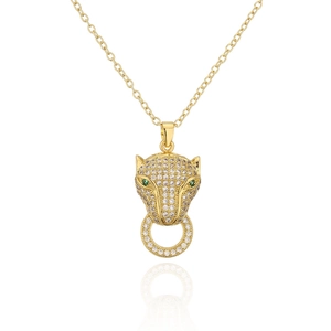 Gold-plated leopard head pendant necklace with sparkling zircons and green gemstone eyes
