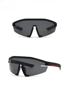 Front and 45-degree side view of oversized one-piece wrap sports sunglasses in black