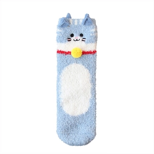 Soft coral fleece socks featuring blue and white stripes with cute cartoon cat design