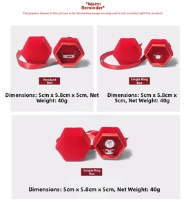 Macro shot of red velvet hexagonal jewelry gift box with ribbon and dimensions