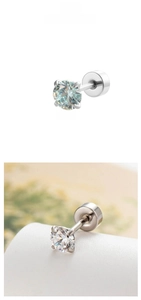 Detail of 4mm zircon stud earring featuring a four-prong setting and flat back screw