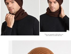 Detail of warm winter knit beanie hat and neck gaiter set with fleece lining for men