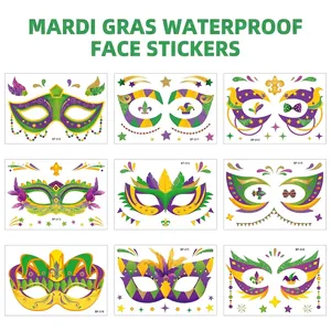 Set of 9 colorful Mardi Gras face tattoo stickers with purple green and gold mask designs