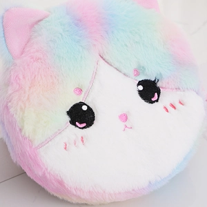 Cute rainbow plush cat shoulder bag for girls featuring colorful embroidered cat face details