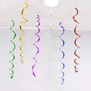 Close-up of colorful PVC spiral hanging swirls with metallic finish for festive decor