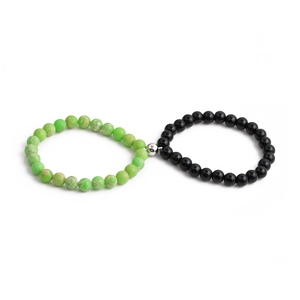 Magnetic 8mm bead couple bracelets featuring natural green stone and black onyx charms