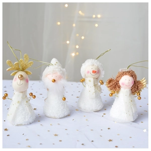 Detail of plush Christmas tree ornaments featuring elk, Santa, snowman and angel figures