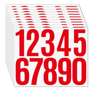 Close-up of red 3-inch waterproof vinyl number stickers 1 to 0 for mailboxes and bins