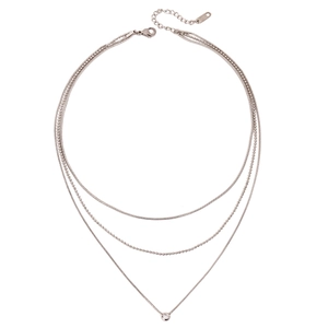 Three-layer silver stainless steel necklace with snake chain and round diamond pendant
