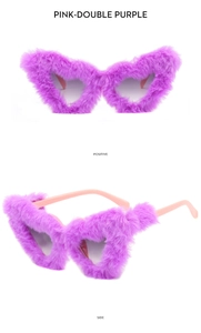 Detail view of purple plush heart-shaped sunglasses with pink temples from front and side