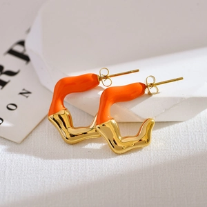 Minimalist gold-plated stainless steel irregular C-shape earrings with orange enamel