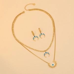 Golden double layer crescent moon and sun necklace set with blue evil eye pendants