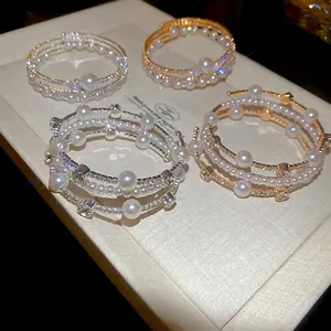 Multilayer Artificial Pearl Rhinestone Wrap Cuff Bracelet Alloy Imitation Artificial Pearls Luxury French Court Style Elegant Jewelry For Women