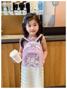 Detail shot of purple kids unicorn sequin backpack with crown and pompom decor