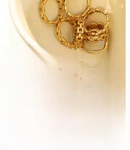 Detail view of gold-plated chain-link rings in a set with hollow mesh textures
