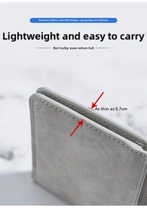 Detail shot of slim gray matte leather wallet showing fine stitching and 0.7cm ultra-thin profile