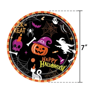 7-inch Halloween party paper plate with pumpkin, witch, and black cat cartoon patterns