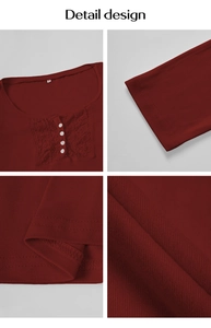 Detail design showing red long sleeve top with lace stitching and white button accents