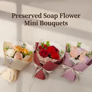 Three soap rose bouquets in white, red and purple colors for gift decoration