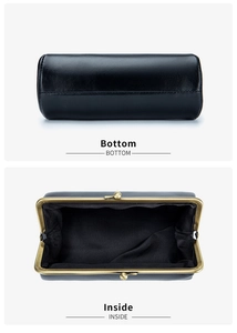 Detail view of the leather clutch bag bottom and inside structure with brass frame