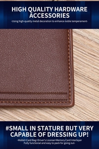 Close-up of brown leather wallet showing fine pebble grain texture and neat stitching