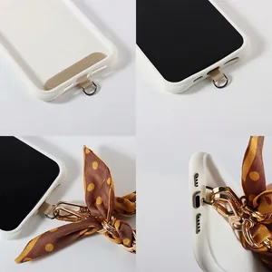 Polka dot silk scarf phone wrist strap with metal connector and protective phone case