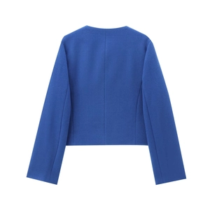 Flat lay back view of royal blue cropped collarless blazer with premium textured fabric