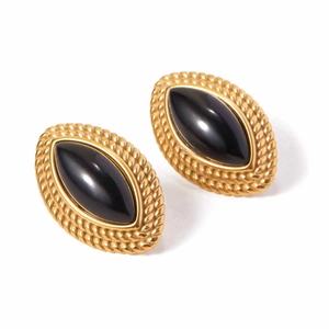 Vintage 18k gold plated stainless steel earrings with black onyx marquise stones