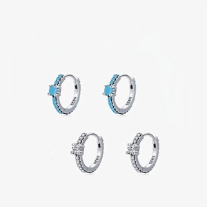 Retro Hoop Earrings 925 Sterling Silver With Turquoise Cubic Zirconia Round Geometric For Women Vintage Minimalist