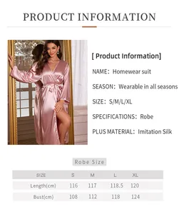 Size chart for pink imitation silk robe showing measurements in cm for S to XL sizes