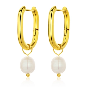 Elegant gold U-shaped hoop earrings with polished white pearl pendants on white background