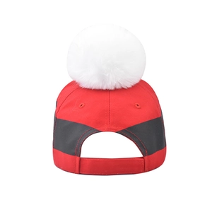 Winter striped Christmas baseball cap with white faux fur pom-pom and adjustable strap