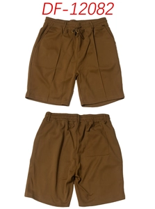 Detail view of brown casual shorts with drawstring waist and vertical seam design
