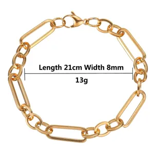 Gold stainless steel paperclip chain bracelet 21cm long 8mm wide with lobster clasp