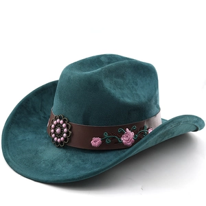 Vintage Western Cowboy Hat Faux Suede With Floral Embroidery Leather Belt And Metal Buckle Wide Brim Retro Style