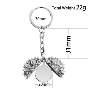 Silver sunflower zodiac keychain with measurements showing total weight and dimensions