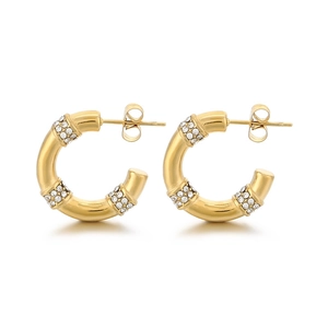 Boucles d'oreilles créoles en forme de C doré 18K style bambou avec oxydes de zirconium