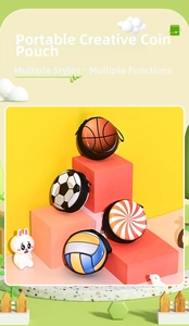 Detail showing sports-themed round mini coin purses with zipper and lanyard