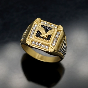 Men's two-tone stainless steel eagle ring with black enamel and zircon stones