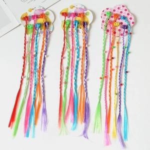 Kids Colorful Synthetic Braided Wig Hair Clips With Heart Flower Beads Girls Princess Hair Extensions Hair Accessories