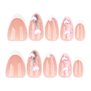 Pink gradient almond press-on nails with white French tips and 3D heart designs
