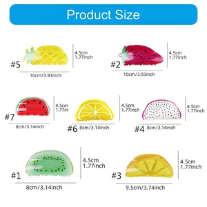 Size chart for cute fruit hair claws featuring pineapple strawberry and watermelon designs