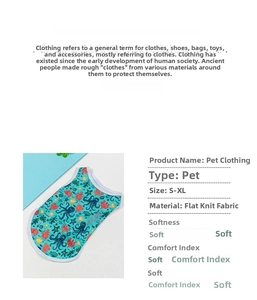 Detail of green pet vest with ocean print showing sizes S-XL and fabric texture