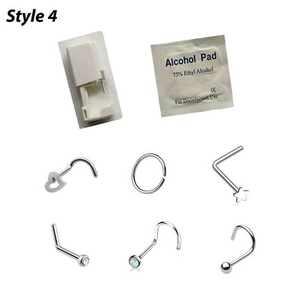 Sterile disposable nose piercing kit with silver studs, piercing gun and prep pad
