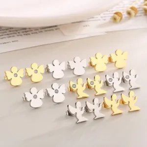 Angel Stud Earrings Stainless Steel Cubic Zirconia Gold Plated Praying Wings Sweet Jewelry For Women Girls
