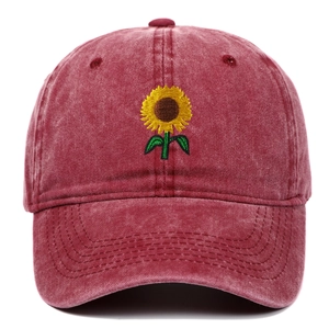 Vintage washed burgundy baseball cap with sunflower embroidery in a classic 6-panel design