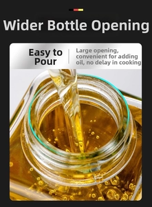 Macro shot of glass oil bottle with wide mouth for easy filling and pouring