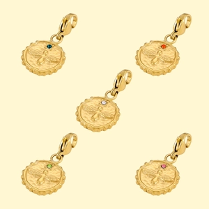 Set of five gold stainless steel round coin pendants with bee relief and colorful stones